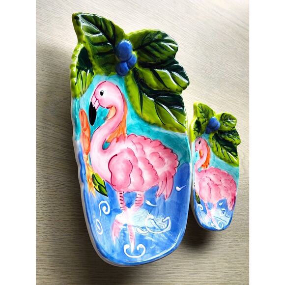 DISHES-HAUSENWARE-Trinket-Serving-Flamingo-Pink-Tropical-Embossed-SET OF 2 - Picture 5 of 15